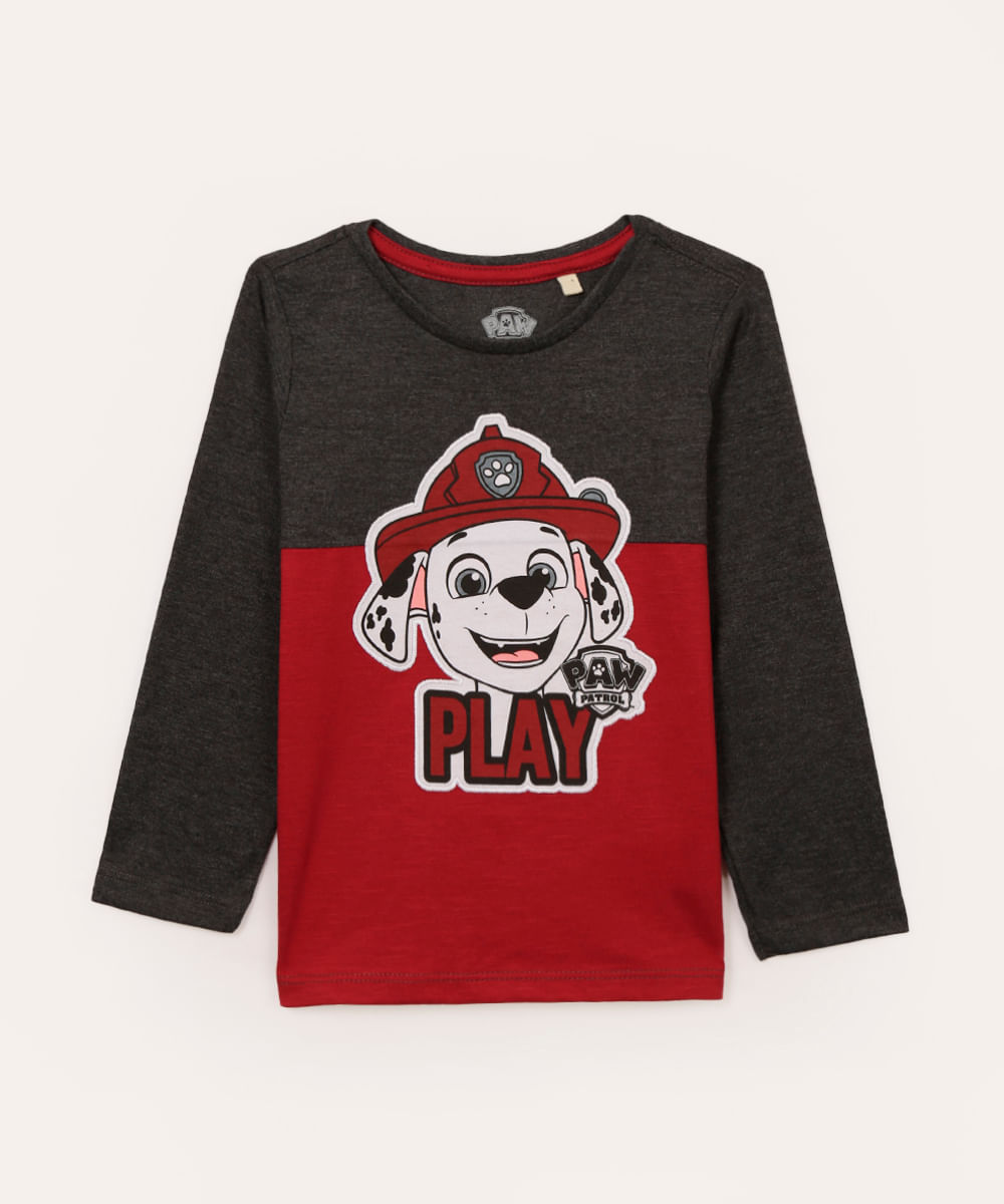 camiseta de algodão infantil patrulha canina marshall manga longa vermelha