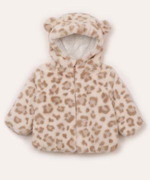 casaco infantil de pelúcia com capuz animal print off white