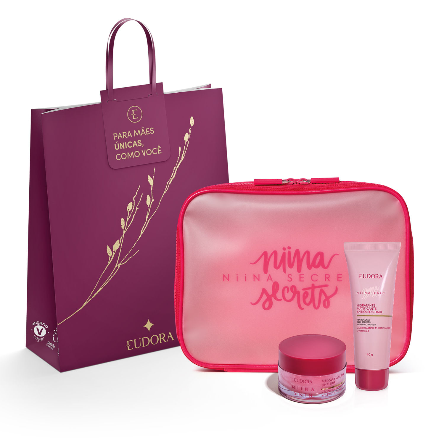 Combo Presente Dia das Mães Niina Secrets Máscara Labial Noturna 9g  Hidratante Matificante Antioleosidade 40g Nécessaire Pink Sacola Eudora