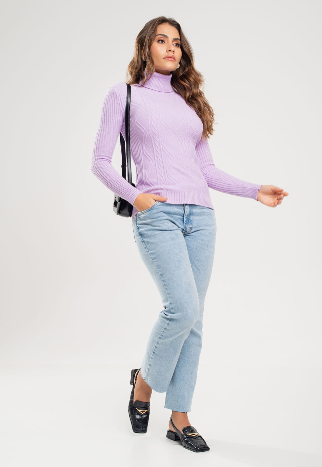 Blusa Tricot Gola Alta Manga Longa Tramas Trançado Lilás Salvatore