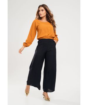 Calça Pantalona Com Bolso Viscolinho Preto Salvatore Fashion