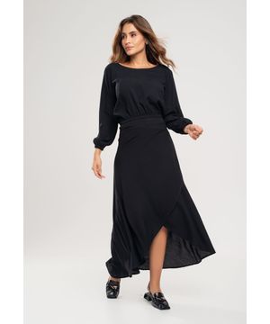 Saia Envelope Midi Viscolinho Preto Salvatore Fashion