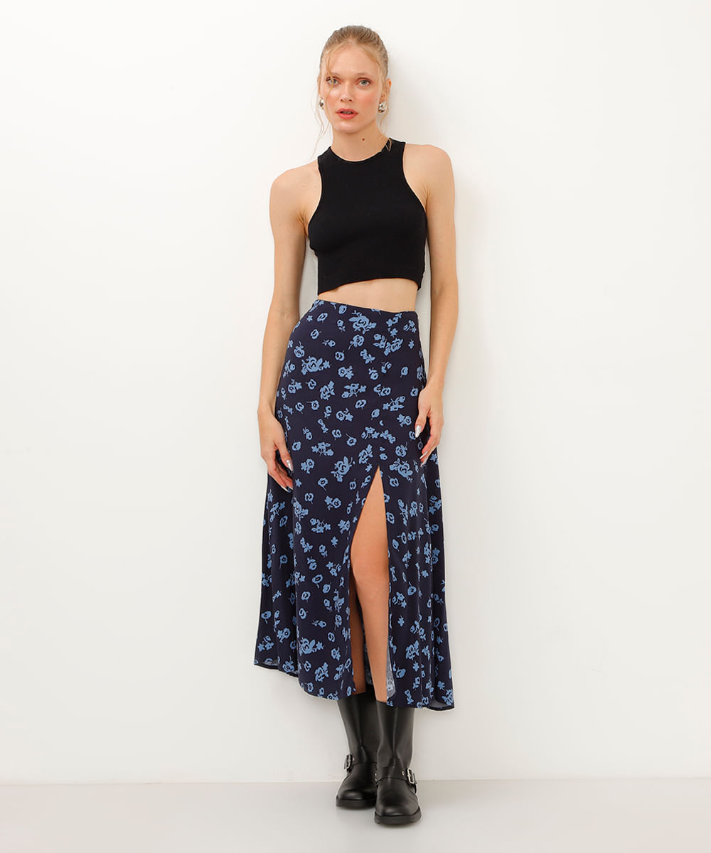 saia de viscose midi evasê floral com fenda azul marinho