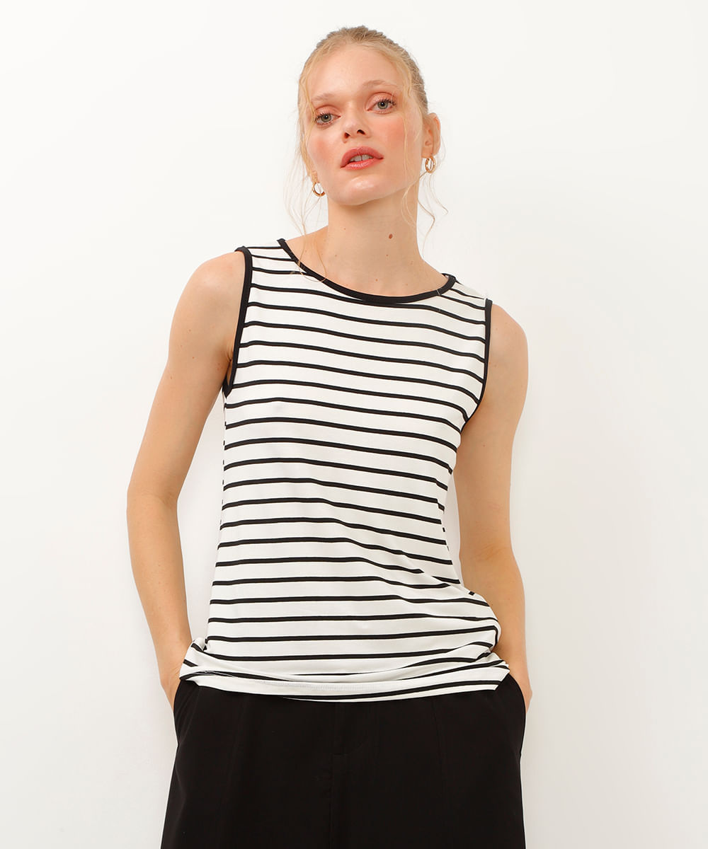 regata de viscose decote redondo listrada off white