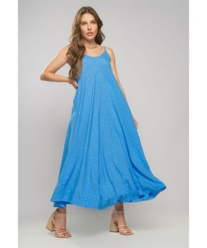 Vestido Midi Viscose Com Lurex Com Amarração Azul Salvatore Fashion