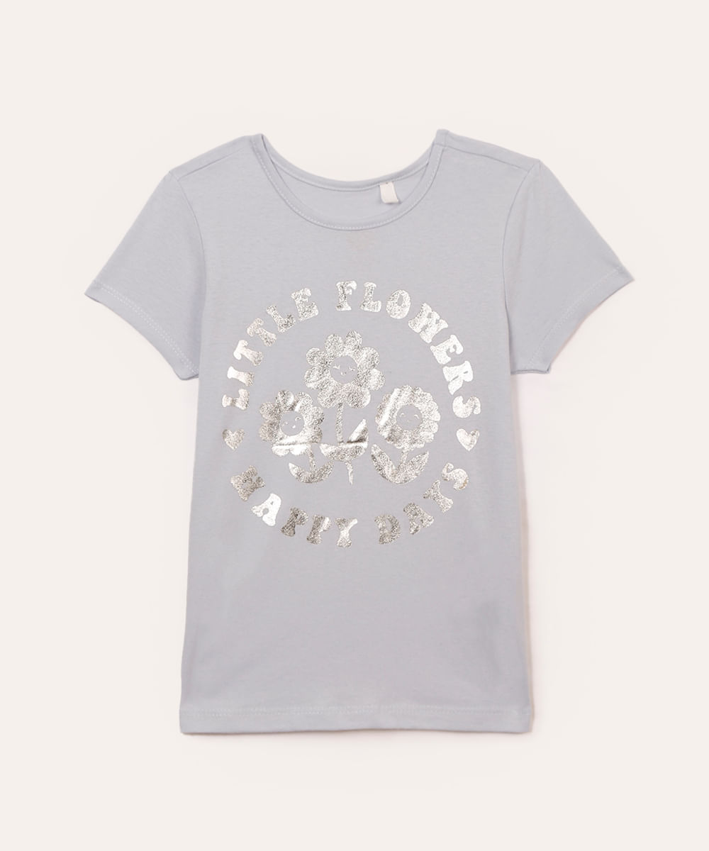 camiseta de algodão infantil little flowers azul claro