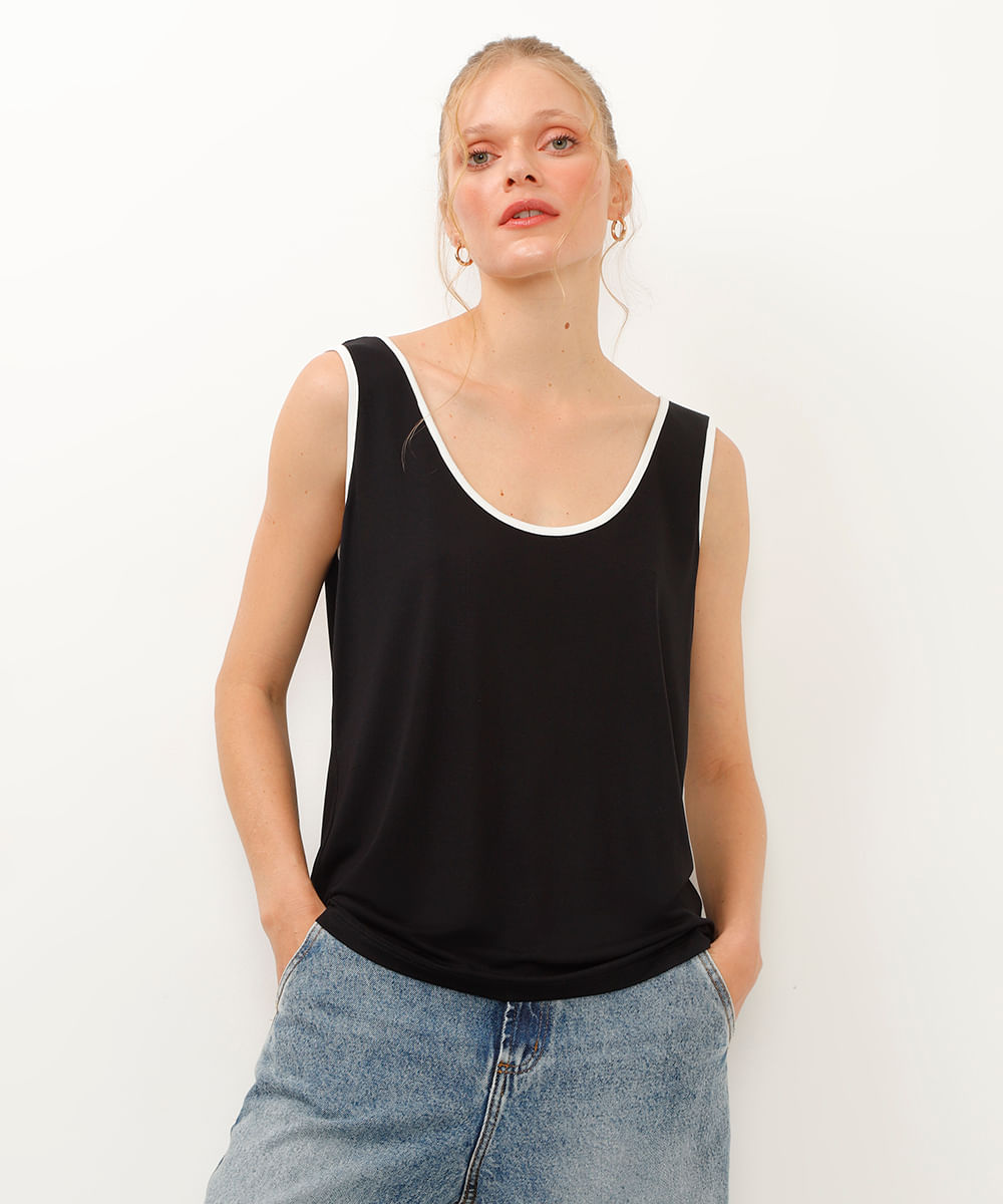 regata de viscose decote u bicolor preto