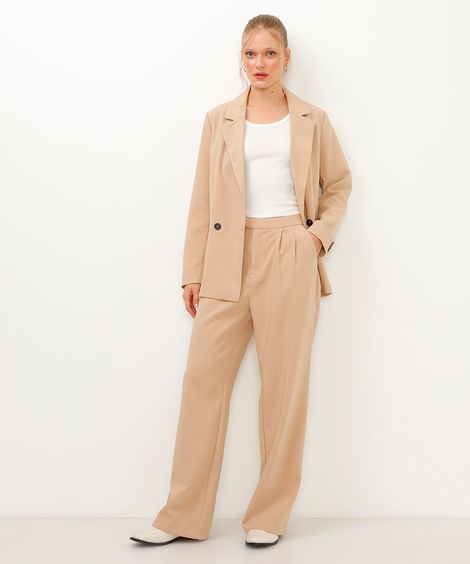 calça de alfaiataria wide leg com pregas bege
