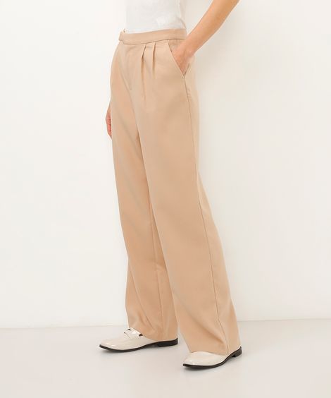 calça de alfaiataria wide leg com pregas bege