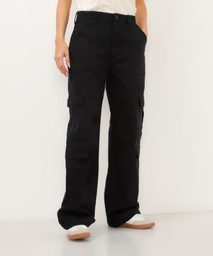 calça de sarja reta cargo cintura média preta