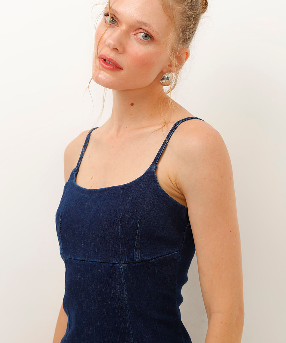 vestido jeans curto de alça fina azul