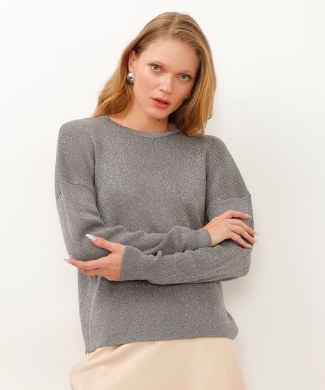 suéter de tricot manga longa com lurex - cinza médio