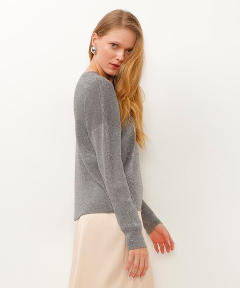 suéter de tricot manga longa com lurex - cinza médio