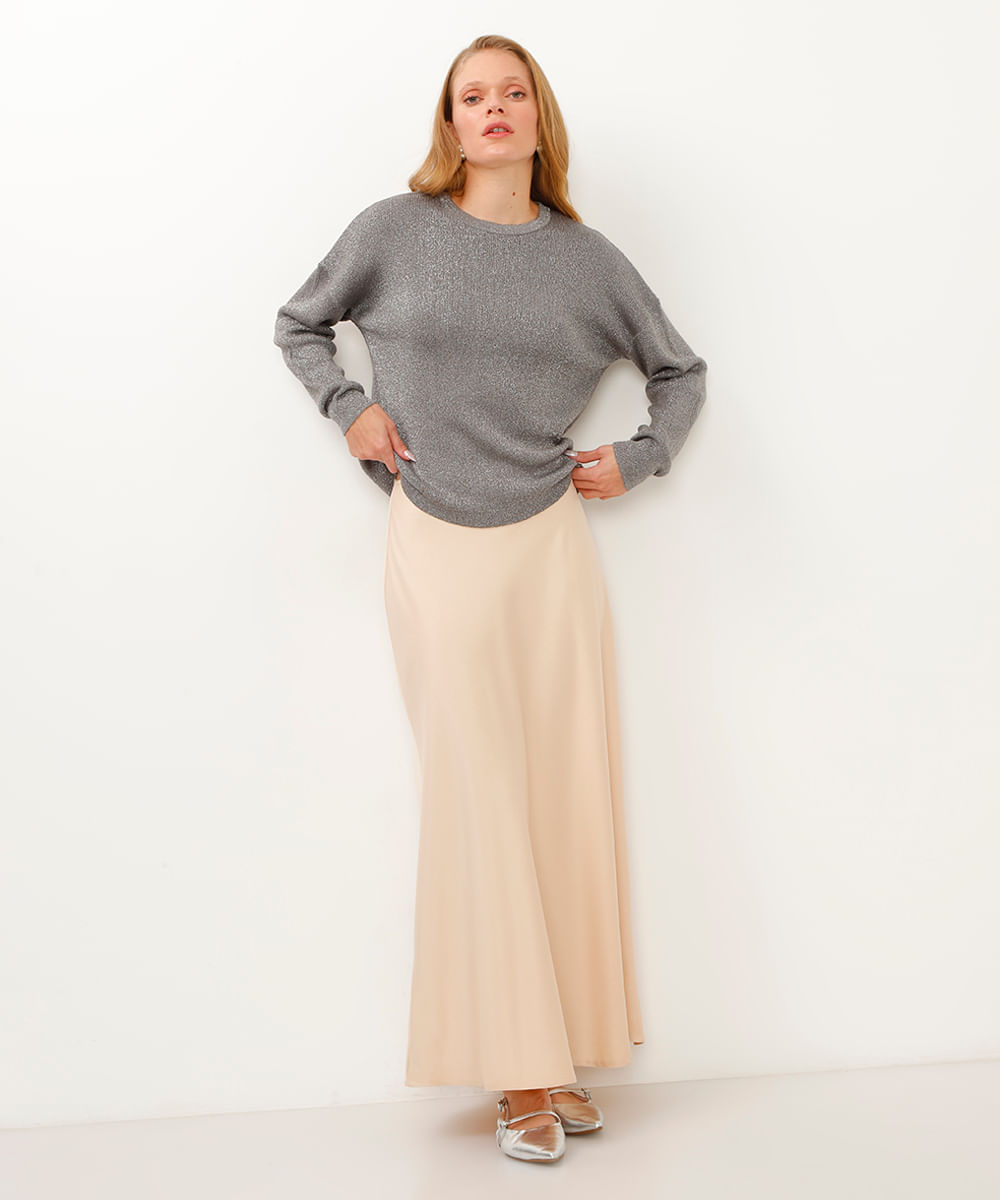 suéter de tricot manga longa com lurex - cinza médio