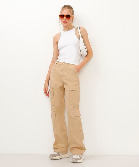 calça de sarja wide leg cargo cintura alta bege