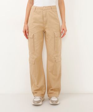 calça de sarja wide leg cargo cintura alta bege