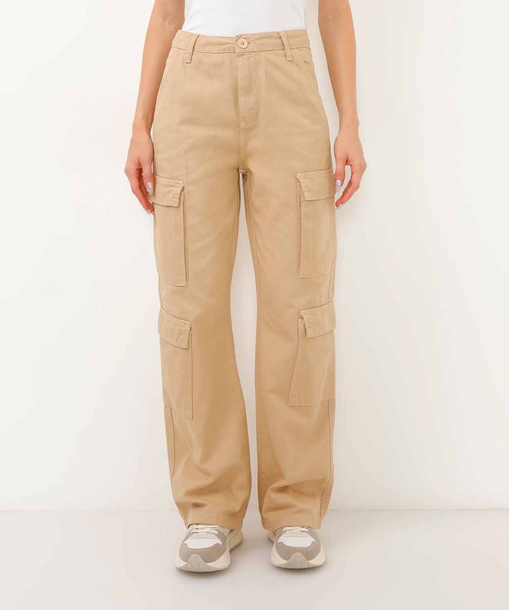 calça de sarja wide leg cargo cintura alta bege