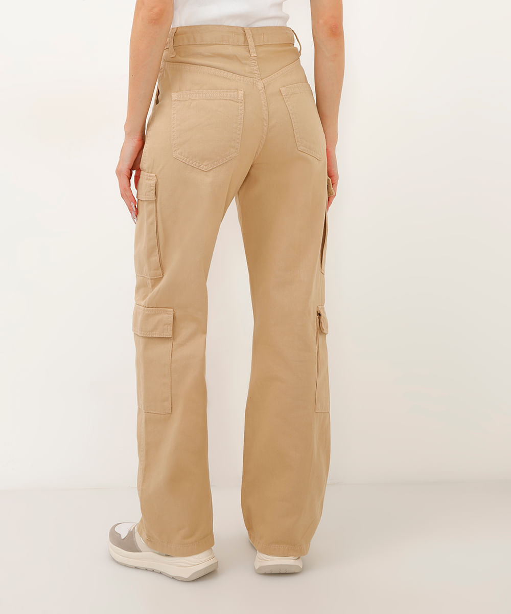 calça de sarja wide leg cargo cintura alta bege