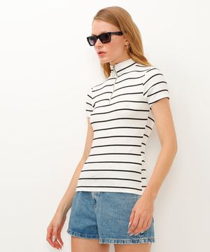 camiseta de viscose canelada com zíper listrada off white