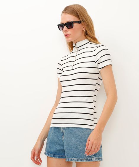camiseta de viscose canelada com zíper listrada off white