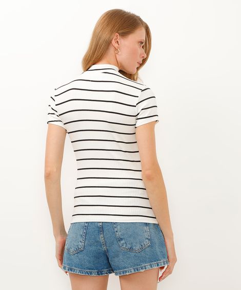 camiseta de viscose canelada com zíper listrada off white