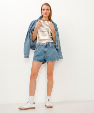 short jeans reto cintura super alta azul