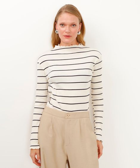 blusa de tricot gola alta listrada off white
