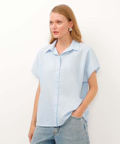 camisa de algodão gola clássica manga ampla azul