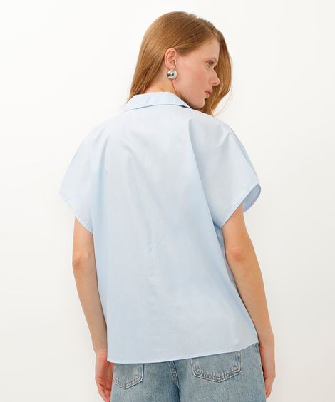camisa de algodão gola clássica manga ampla azul