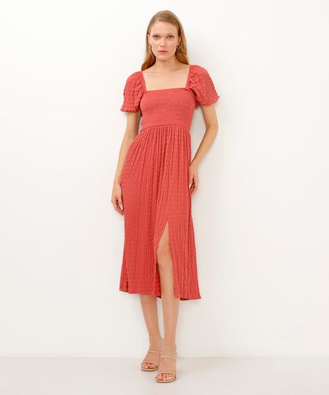 vestido midi de lastex com fenda laranja
