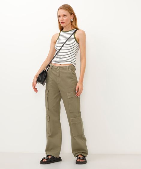 calça de sarja wide leg cargo cintura alta verde militar