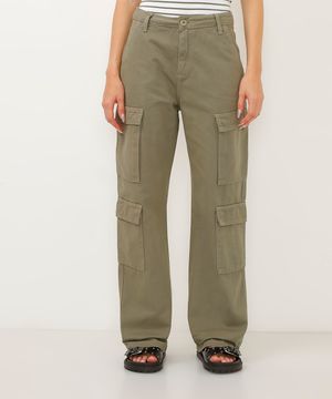 calça de sarja wide leg cargo cintura alta verde militar