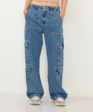 calça jeans reta cargo cintura média azul