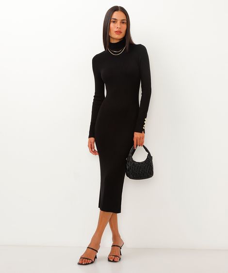 vestido de tricot midi canelado preto