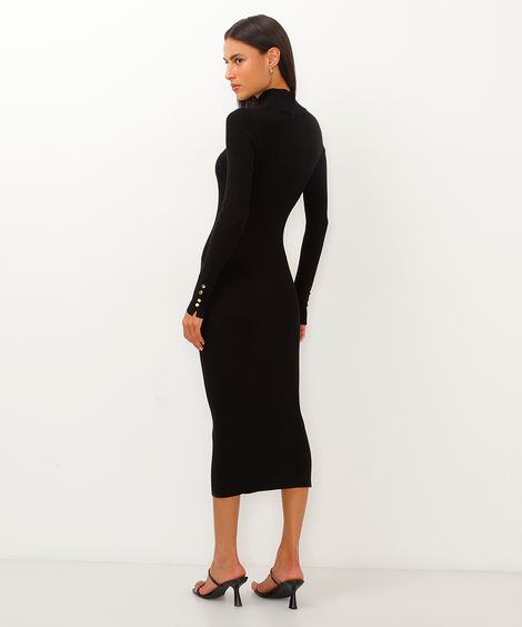 vestido de tricot midi canelado preto