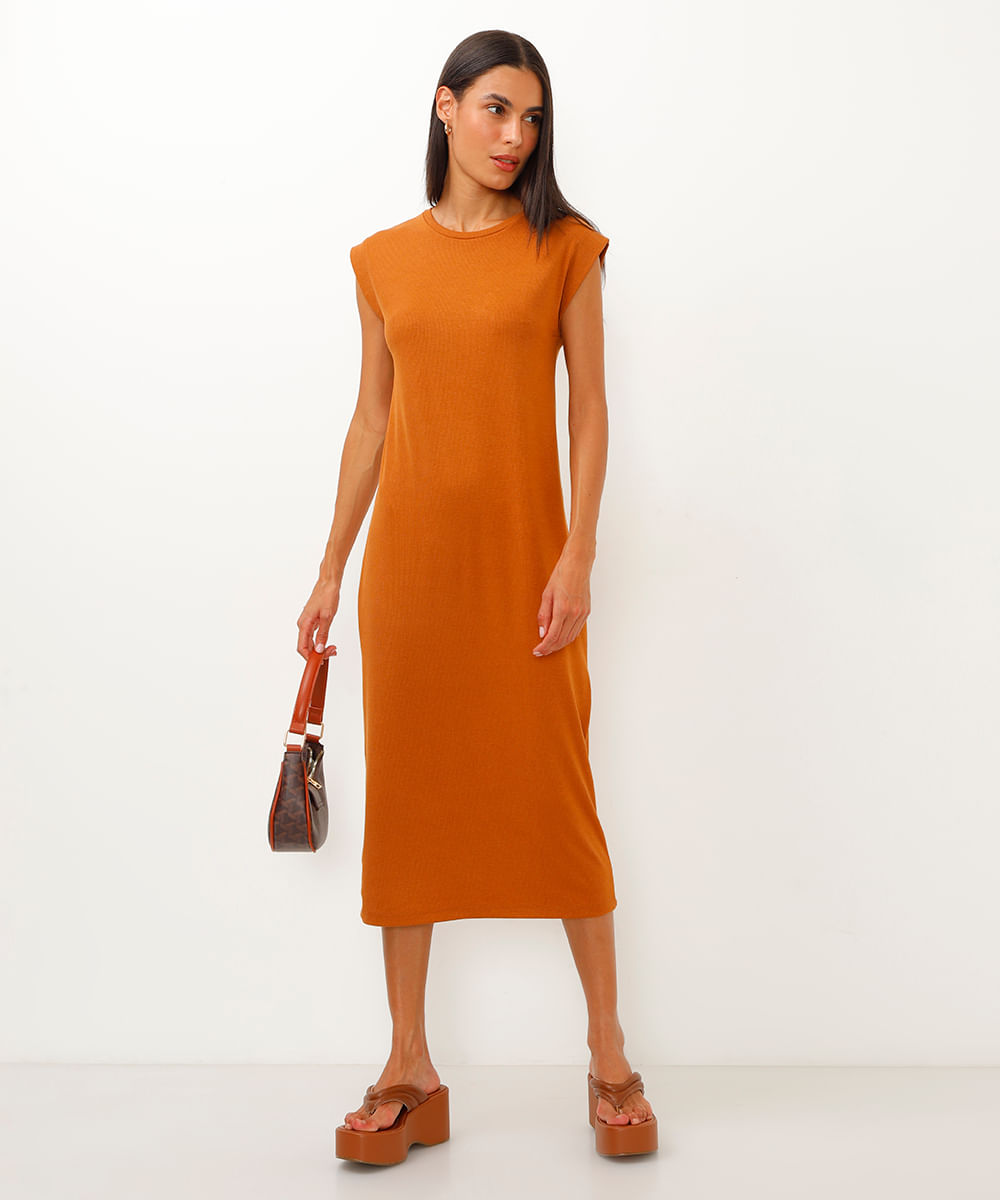 vestido midi feminino muscle tee canelado básico marrom