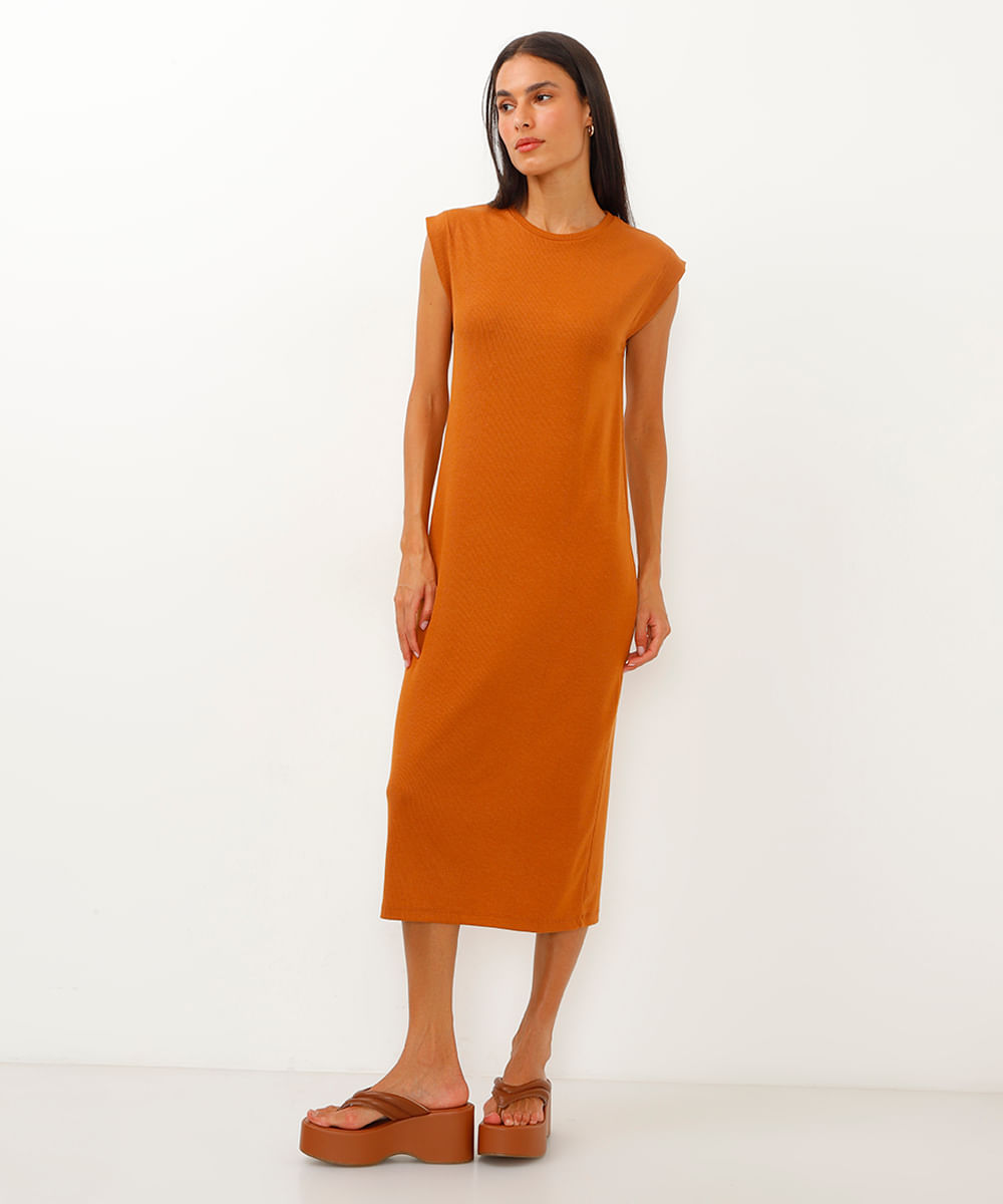 vestido midi feminino muscle tee canelado básico marrom