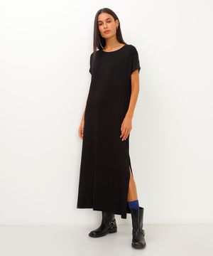 vestido de viscose longo com fenda preto