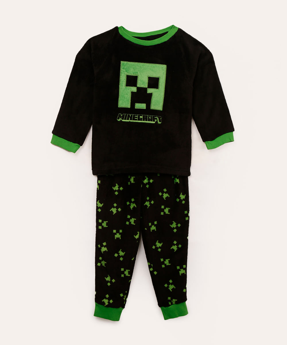 pijama de pelúcia infantil longo minecraft preto