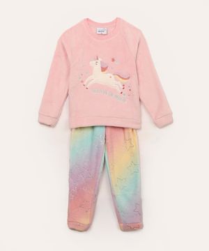 pijama de pelúcia infantil longo unicórnio rosa