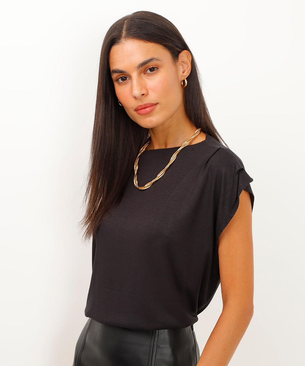 blusa de viscose manga japonesa com pregas preta