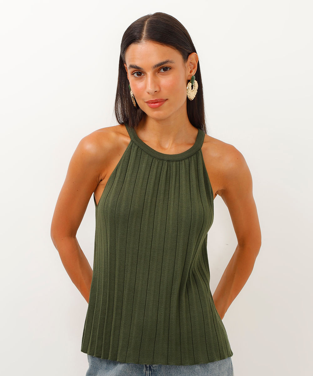 regata de tricot halterneck plissada verde militar