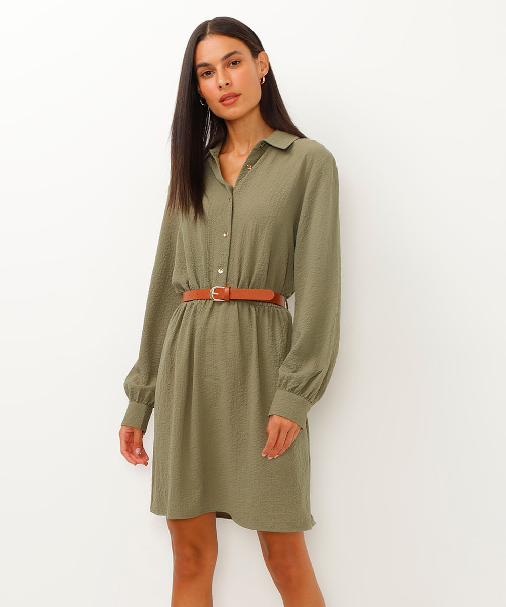 vestido chemise texturizado com cinto verde militar