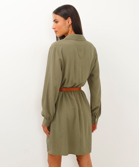 vestido chemise texturizado com cinto verde militar