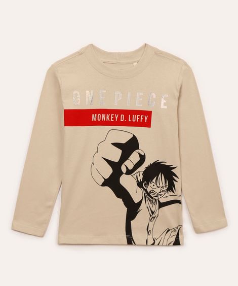 camiseta de algodão infantil one piece manga longa bege