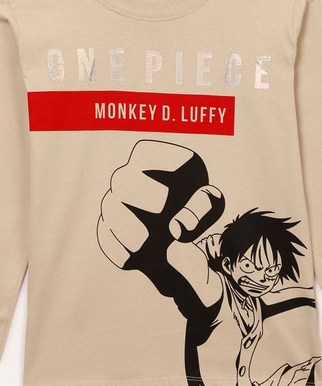 camiseta de algodão infantil one piece manga longa bege