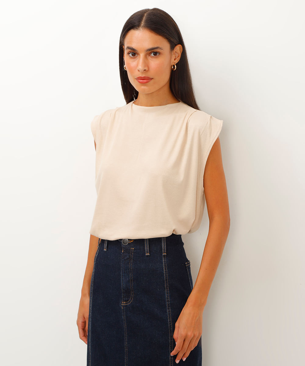 blusa de viscose manga japonesa com pregas bege
