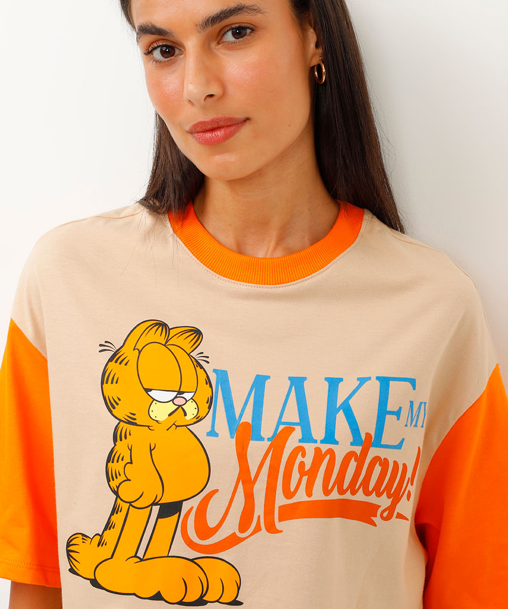 camiseta de algodão cropped bicolor garfield bege