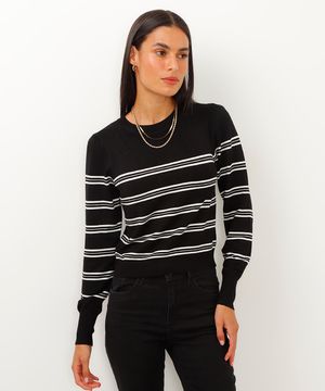 suéter de tricot listrado manga princesa preto