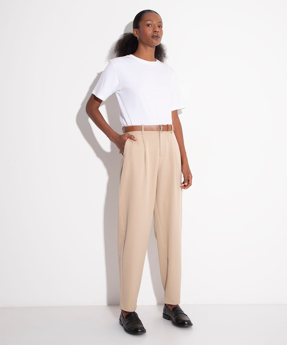 calça balloon alfaiataria com cinto mindset bege